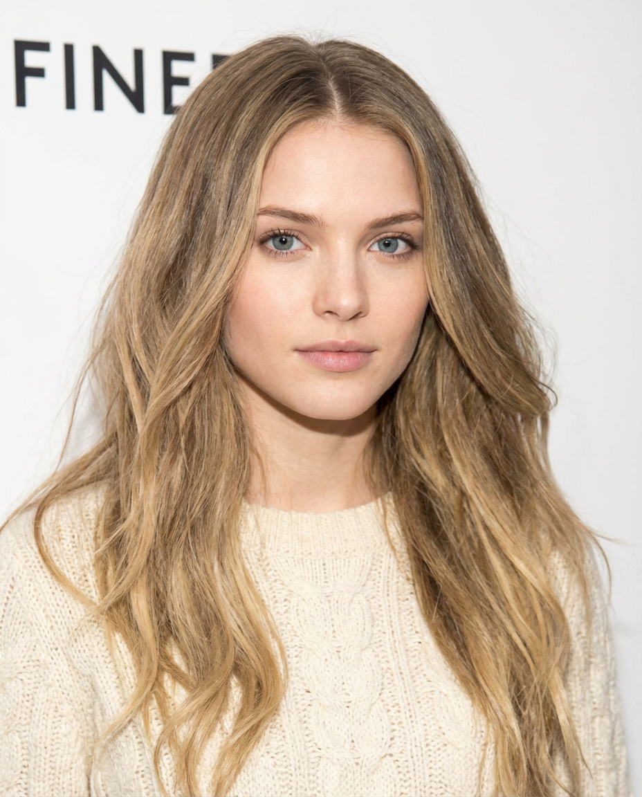 Close-up of woman with long soft beachy waves and natural-looking blonde highlights generated by blondefilter.net