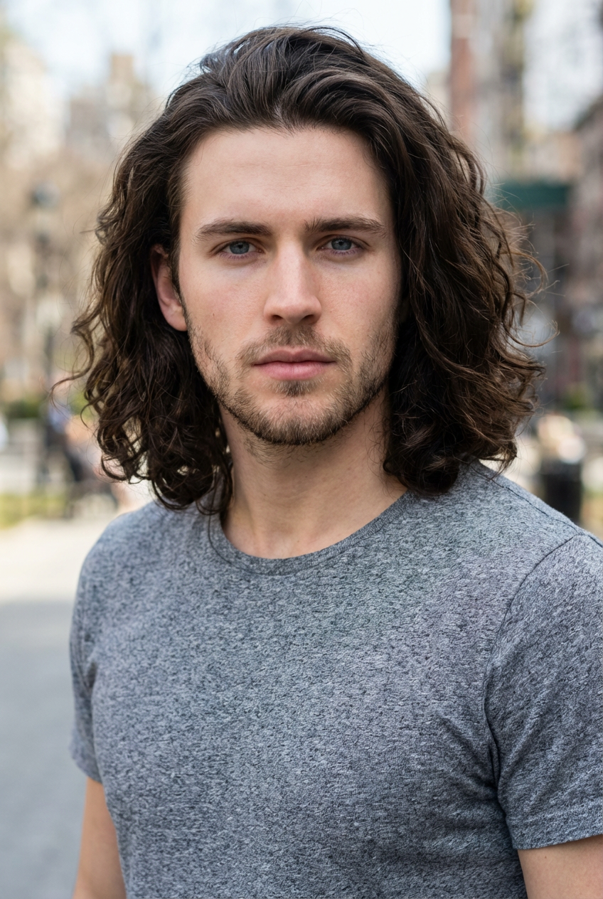 Outdoor street portrait of model with medium-long wavy hair and natural texture generated by blondefilter.net