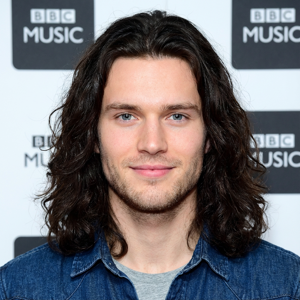 Studio portrait of model with long dark wavy hair and soft layers generated by blondefilter.net