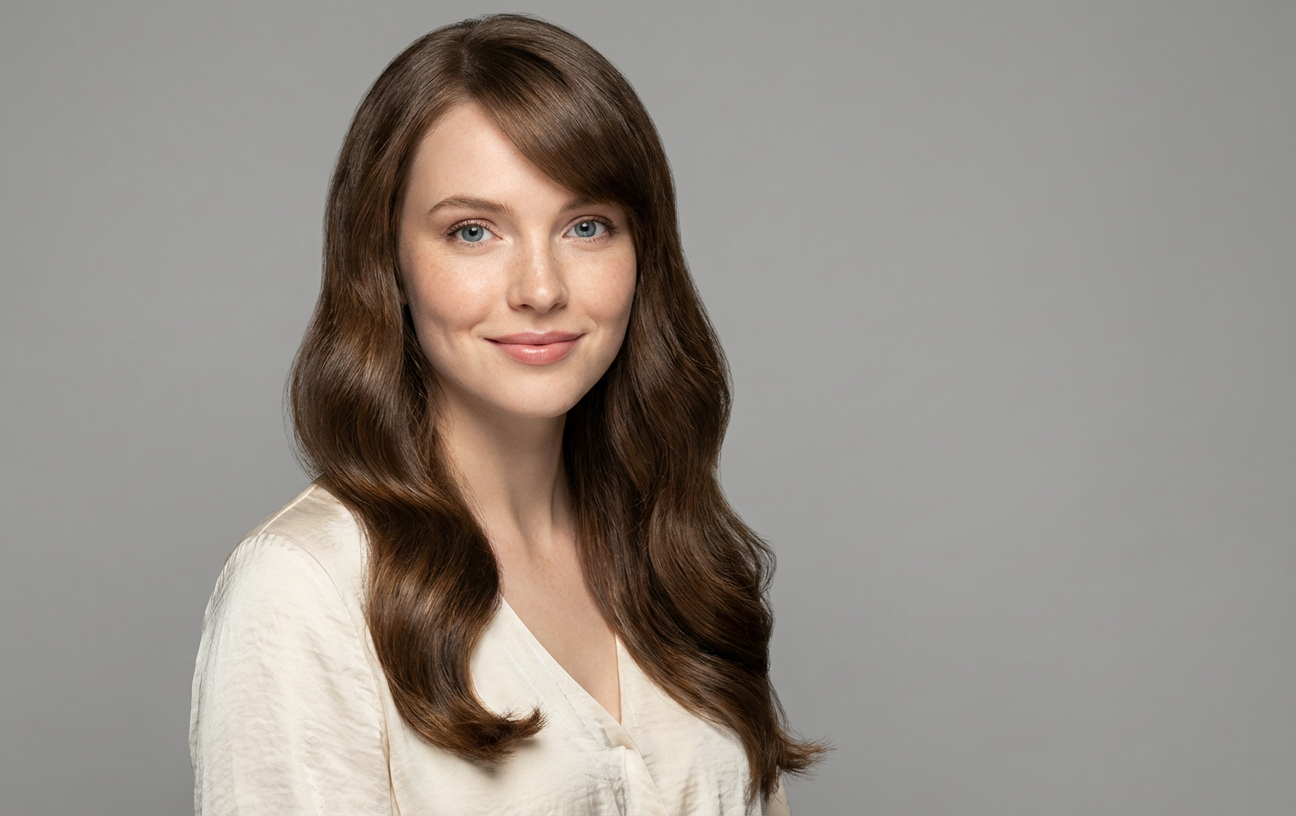 Studio headshot of woman with smooth long wavy brunette hair and soft side-swept fringe generated by blondefilter.net