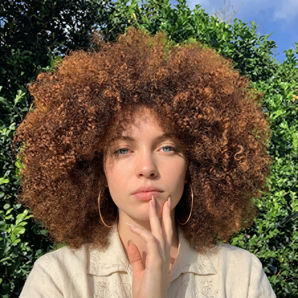 Woman with big rounded loose curly afro hairstyle in warm copper curls standing in front of green foliage generated by blondefilter.net