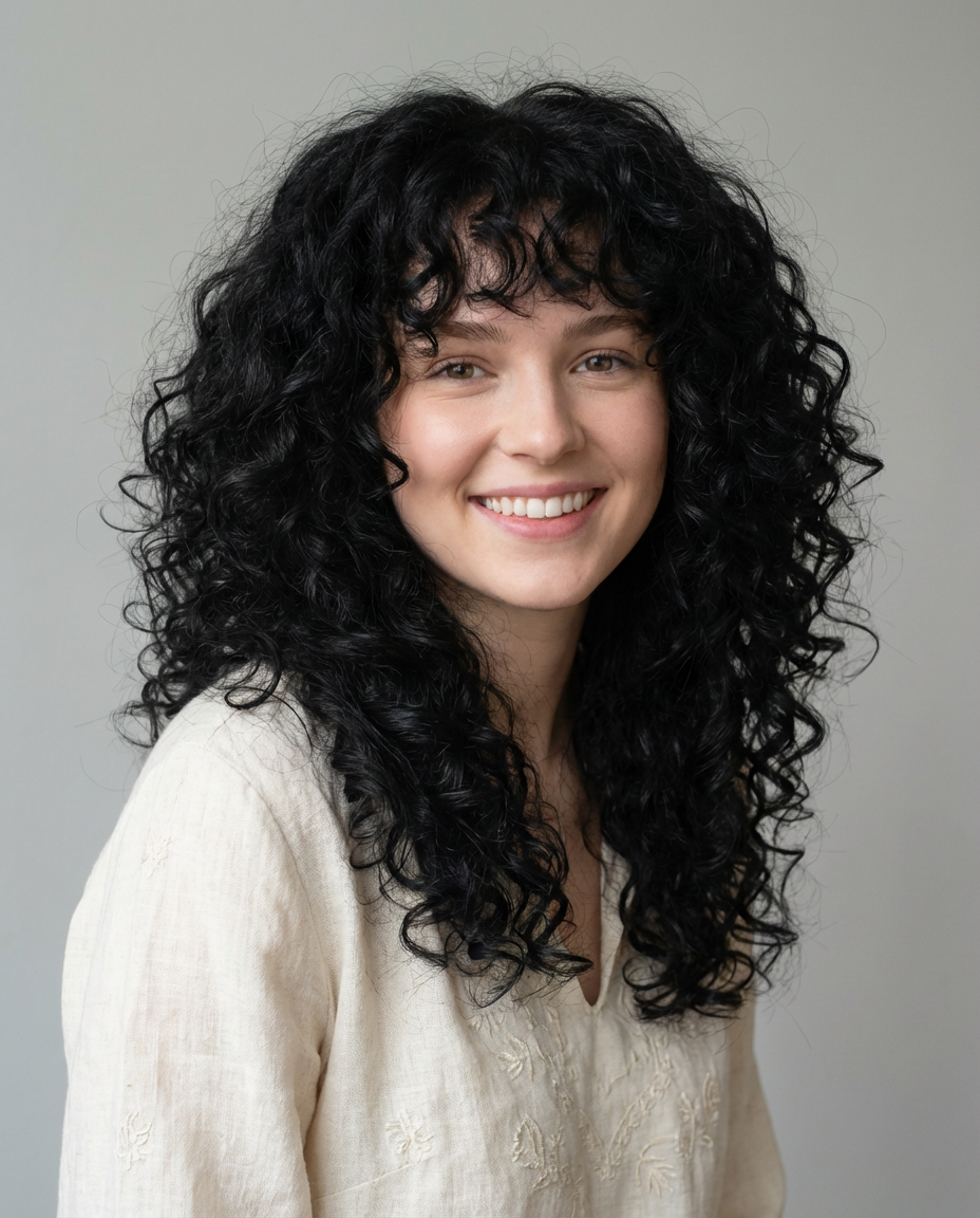 Soft studio-style portrait of woman with long loose curly afro hairstyle and soft bangs against a neutral background generated by blondefilter.net