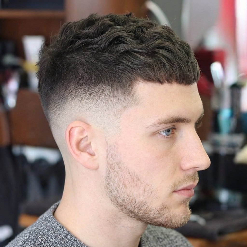 Barbershop close-up of low skin fade haircut with messy textured crop on top, generated by blondefilter.net