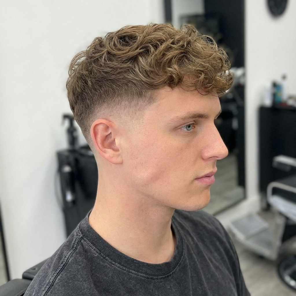 Low fade haircut with curls on top for men shown from the side, generated by blondefilter.net