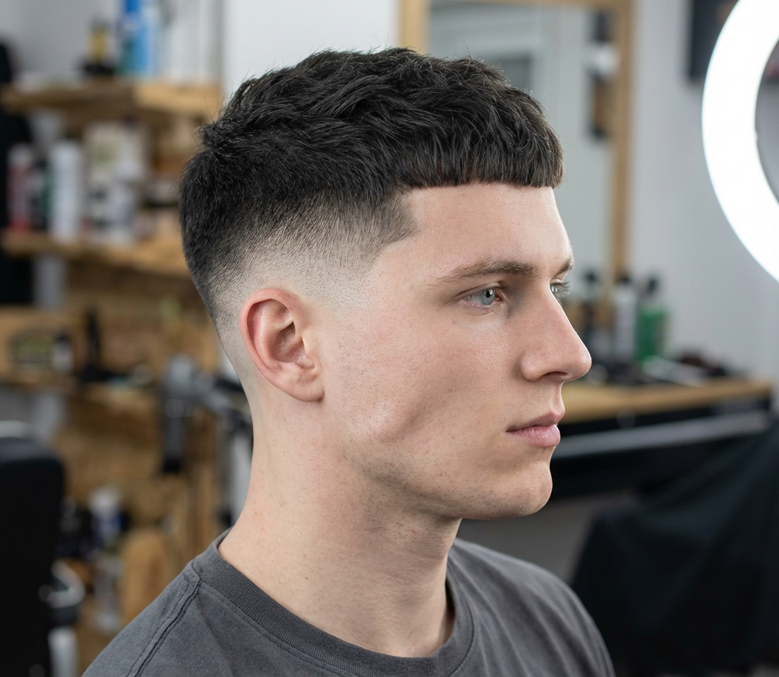 Clean low fade haircut with short textured fringe on dark hair, generated by blondefilter.net