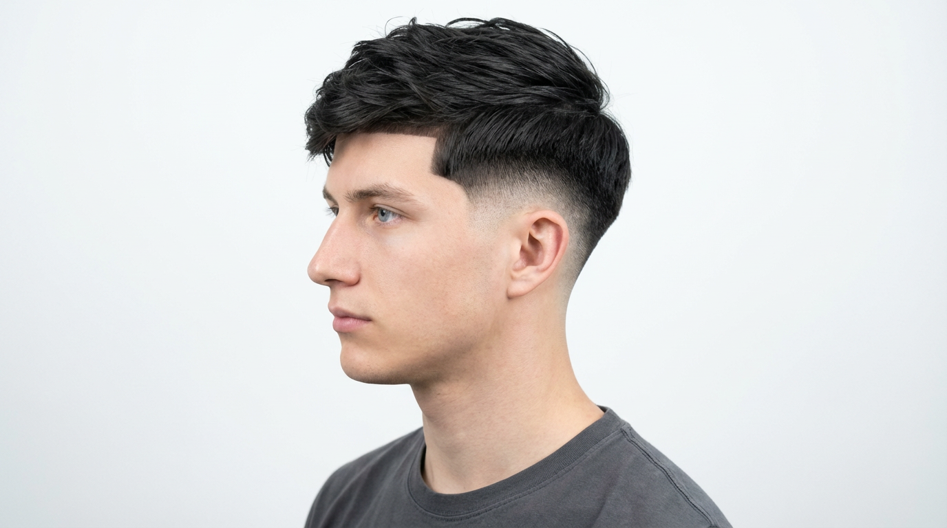 Side profile of man with textured low fade haircut and longer top, generated by blondefilter.net