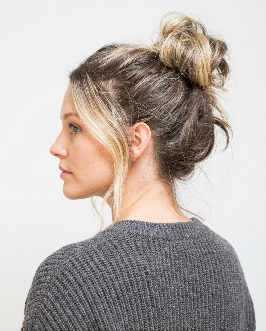 Side profile of woman with textured messy bun and face-framing strands in daylight generated by blondefilter.net