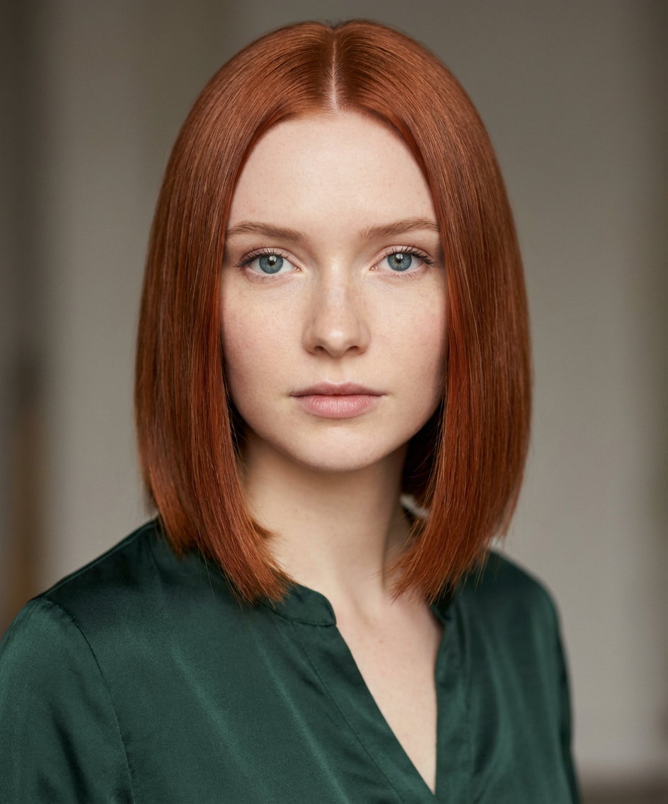 Studio headshot of woman in sleek copper bob parted cleanly down the middle generated by blondefilter.net