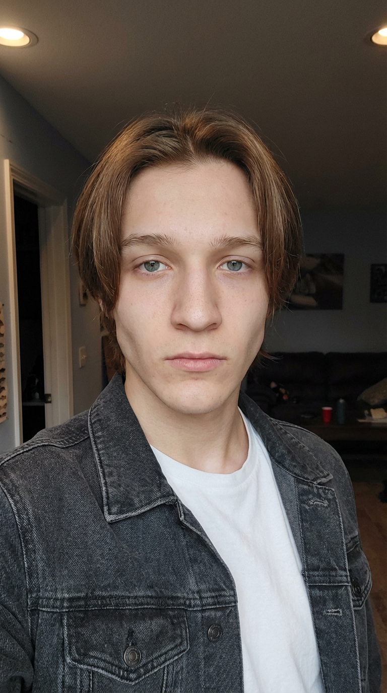 Indoor portrait of man wearing relaxed middle part with natural texture generated by blondefilter.net