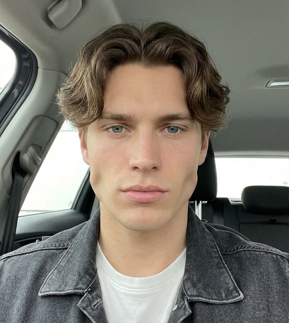 Front-facing studio look of man with wavy middle part flow and soft daylight generated by blondefilter.net