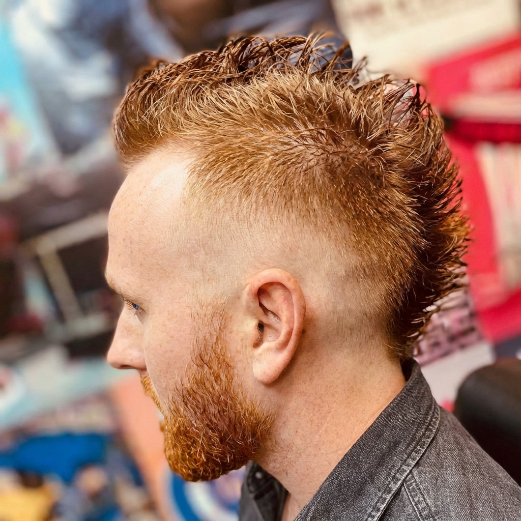 Side profile of man with copper textured mohawk and high skin fade generated by blondefilter.net