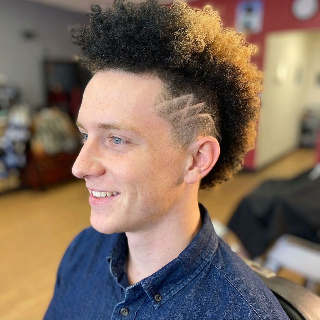 Smiling man with curly mohawk, lightning hair design and dark-to-blonde fade generated by blondefilter.net