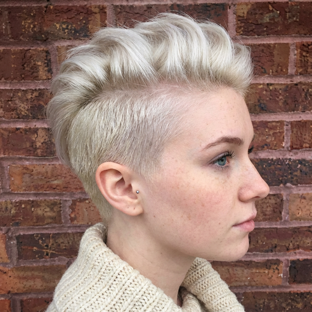 Side view of person with platinum brushed-up mohawk and shaved sides generated by blondefilter.net