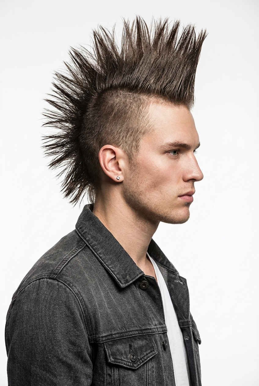 Studio profile of man wearing tall spiked classic mohawk with shaved sides generated by blondefilter.net