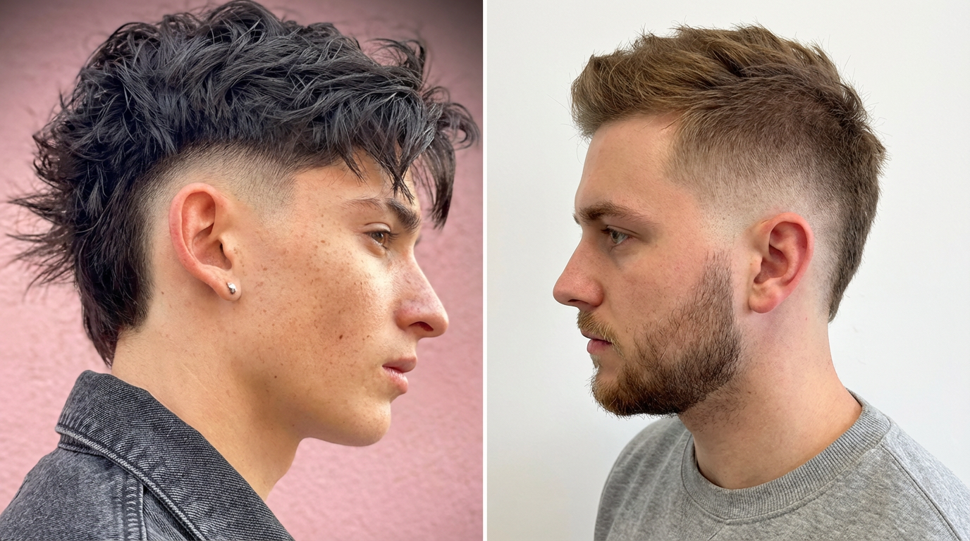 Split view showing textured mullet-inspired mohawk and short brushed-up mohawk fade generated by blondefilter.net