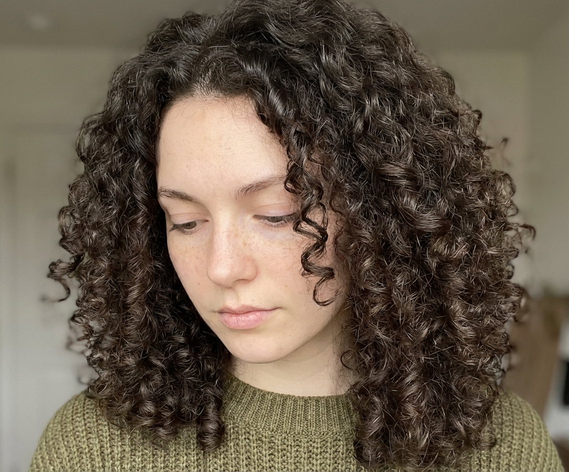 Natural-light portrait of brunette woman with defined medium-tight perm ringlets generated by blondefilter.net