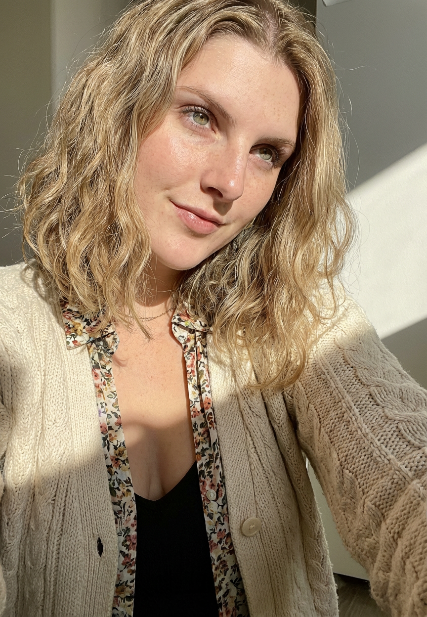 Sunlit selfie of woman wearing soft beach-wave perm on shoulder-length hair generated by blondefilter.net