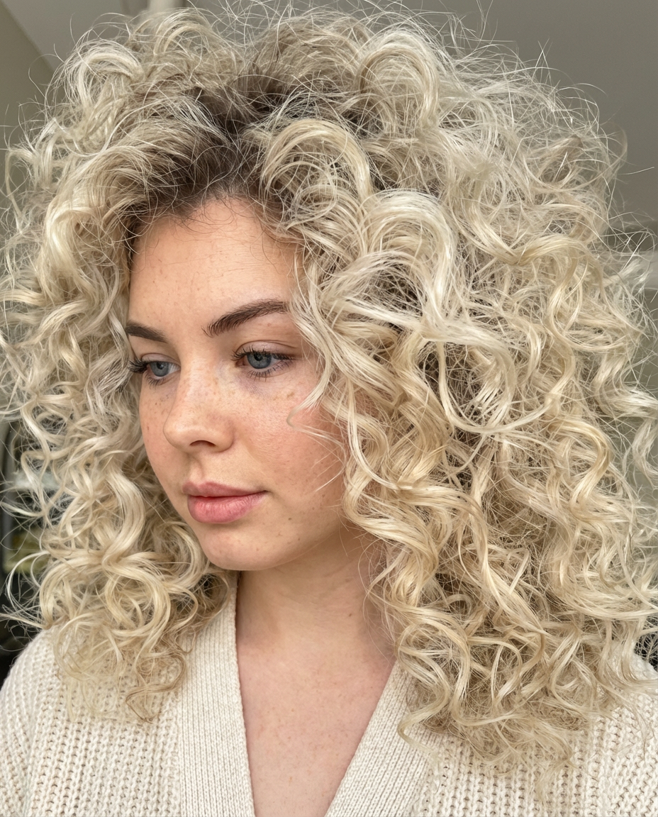 Studio close-up of woman with blonde tight spiral perm curls under soft natural light generated by blondefilter.net