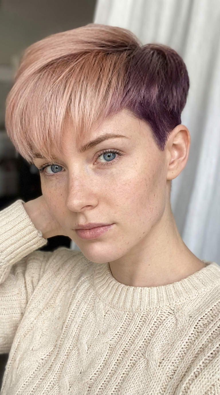 Selfie of woman wearing pastel rose-and-lilac two-tone pixie with tapered sides generated by blondefilter.net