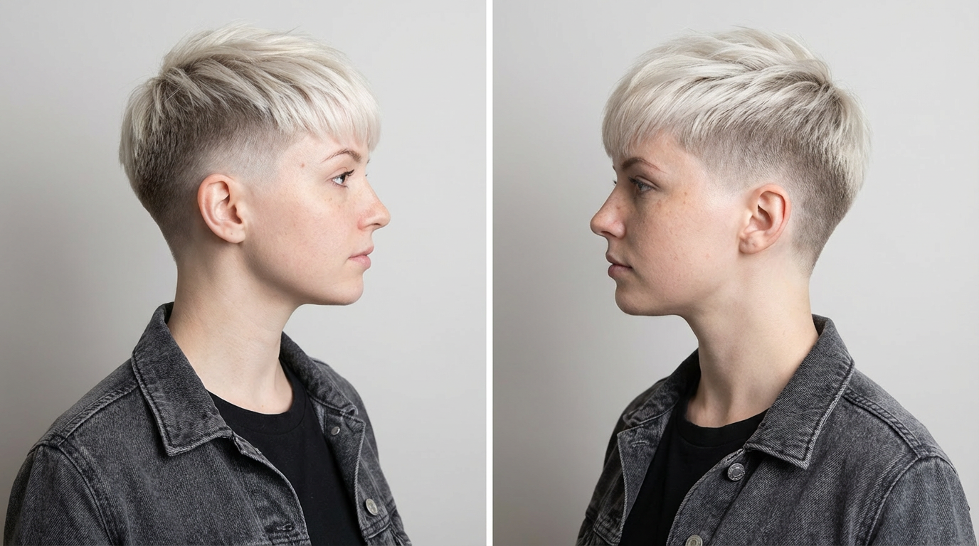 Dual side profiles of woman wearing platinum textured pixie with skin fade under soft studio light generated by blondefilter.net