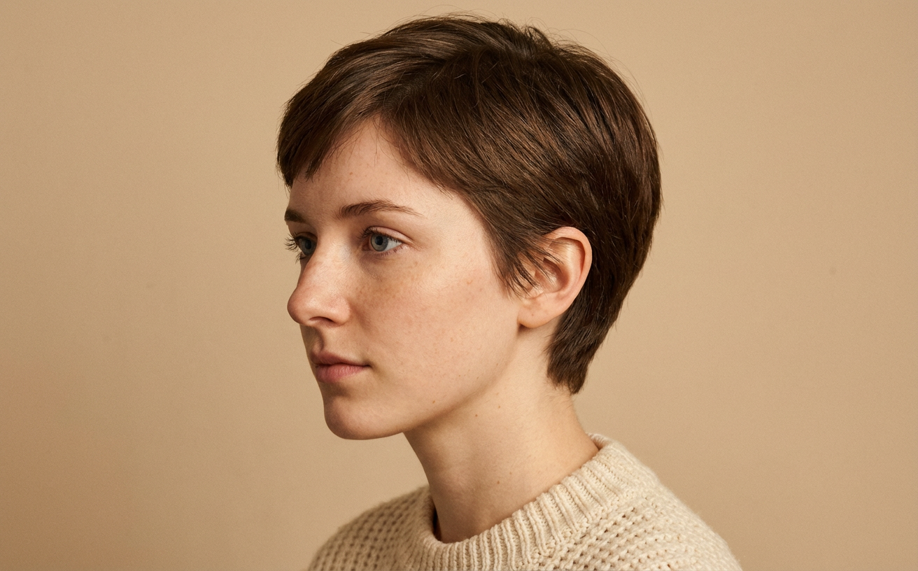 Side profile of woman with soft brunette classic pixie and natural volume against beige backdrop generated by blondefilter.net