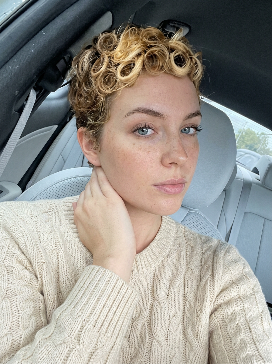 Car selfie of woman with honey blonde pixie short curly coils and close-cropped sides generated by blondefilter.net