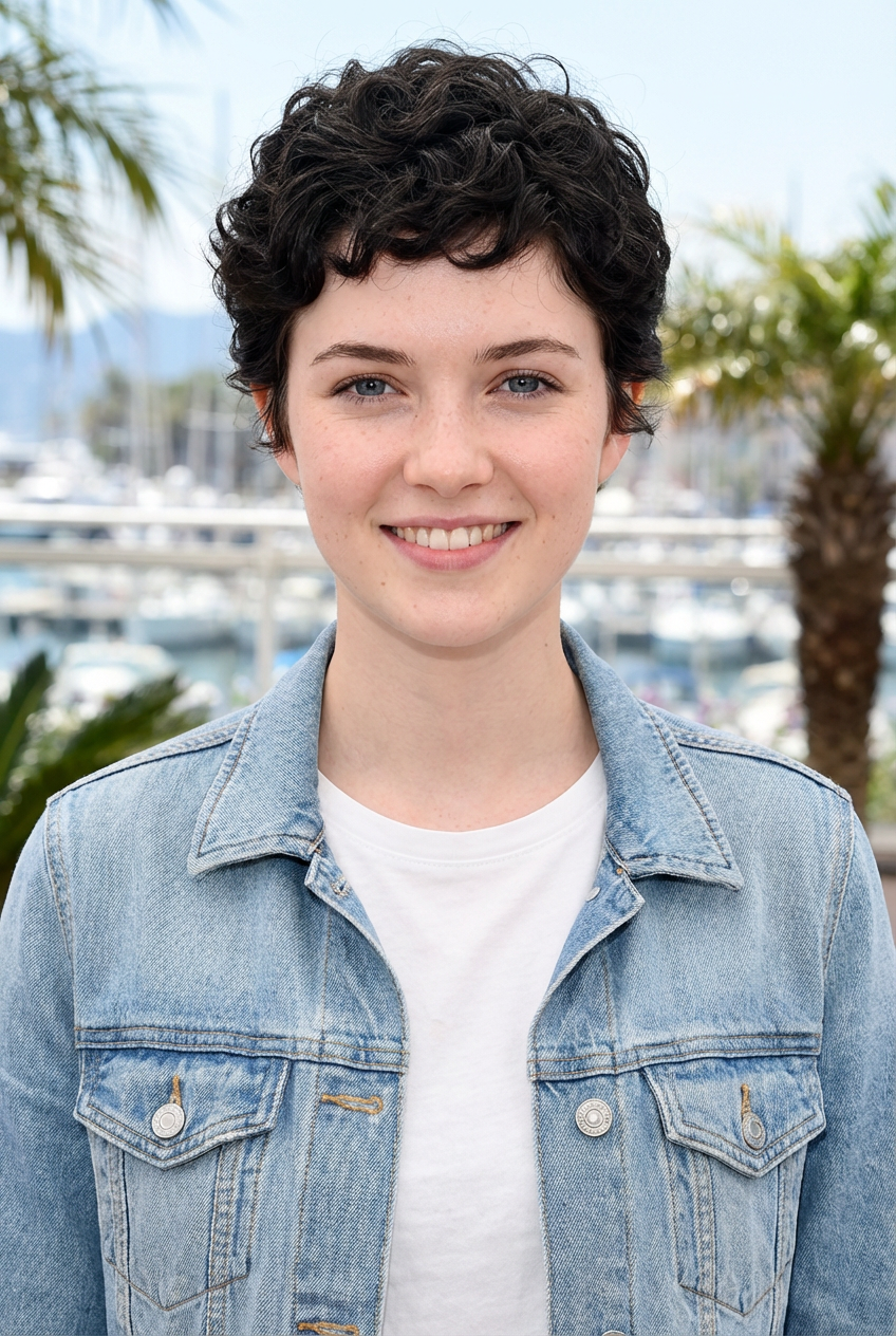 Outdoor headshot of woman with soft dark pixie short curly cut and denim jacket generated by blondefilter.net