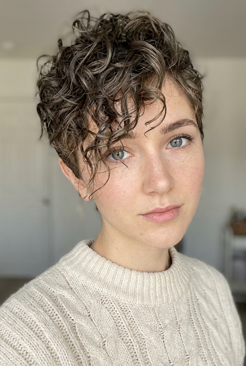 Close-up of woman with wet-look pixie short curly layers and defined waves generated by blondefilter.net