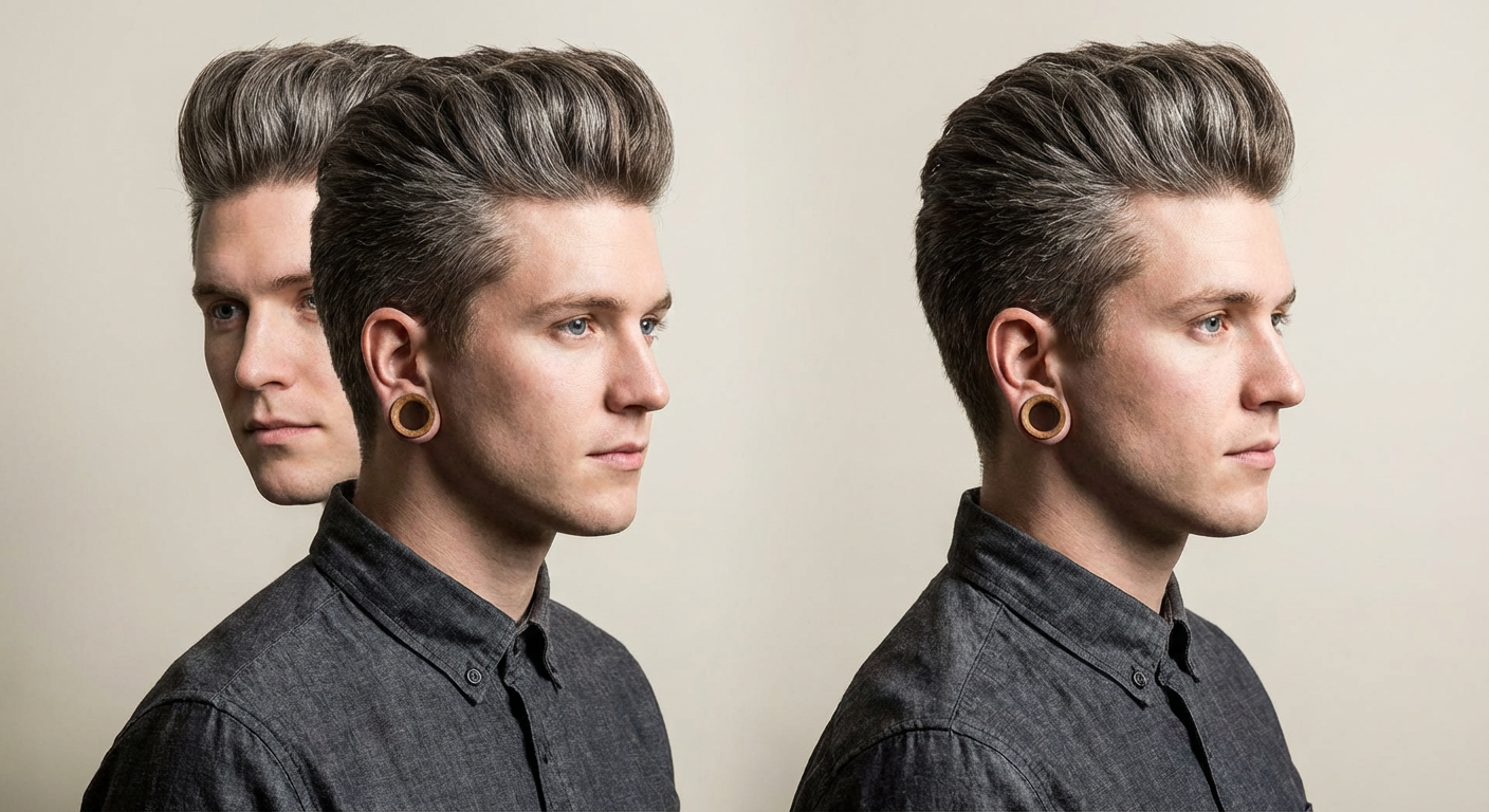 Dual angles of man with classic silver pompadour and tapered sides against neutral background generated by blondefilter.net