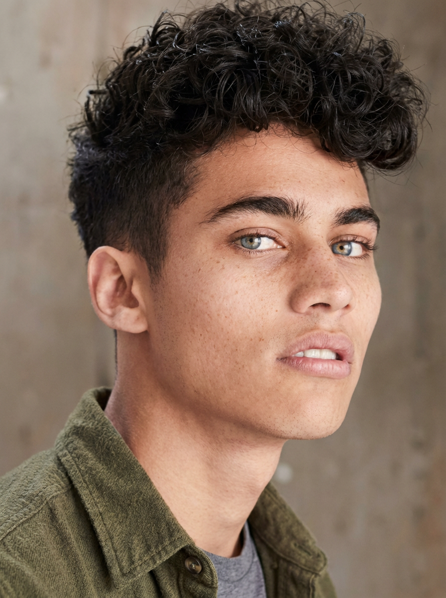 Close-up of man with curly textured pompadour fade in olive jacket under soft indoor light generated by blondefilter.net