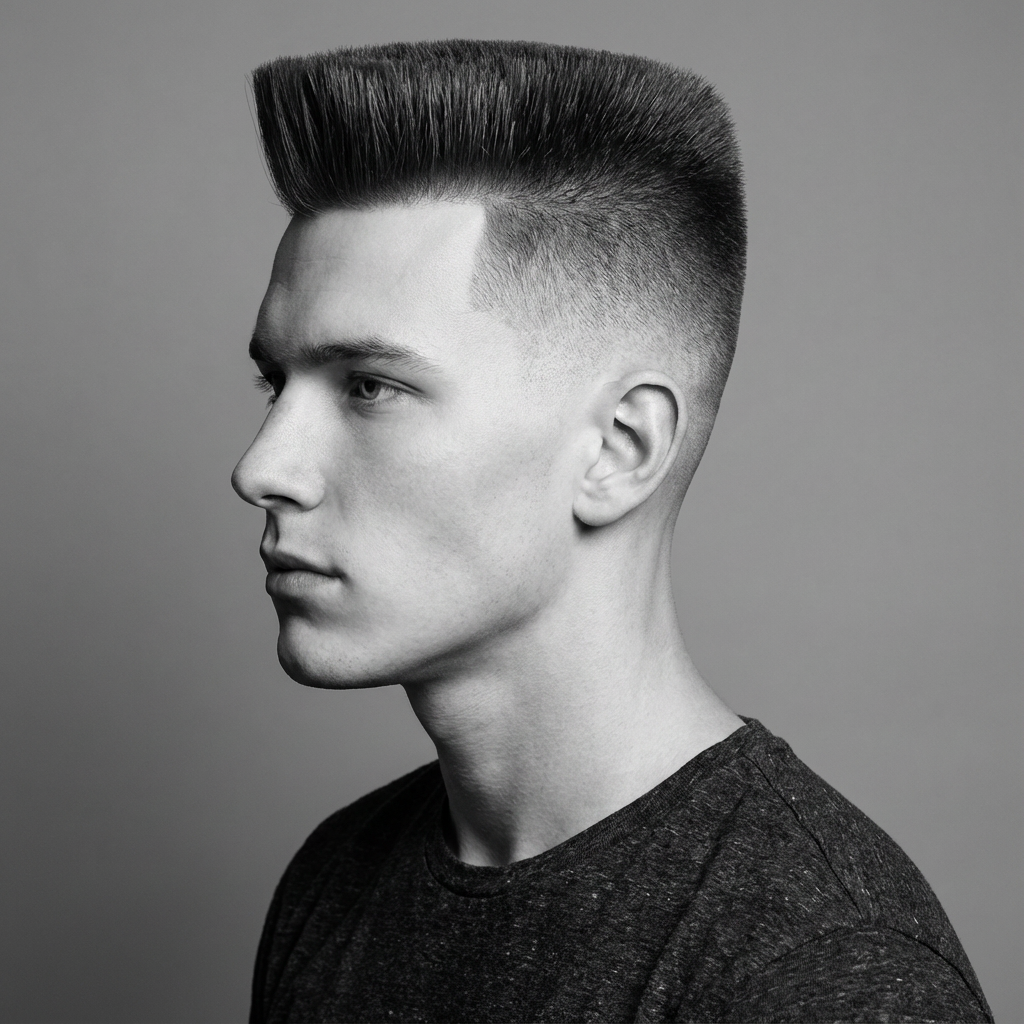 Profile view of man wearing a high flat psychobilly wedge with skin fade generated by blondefilter.net