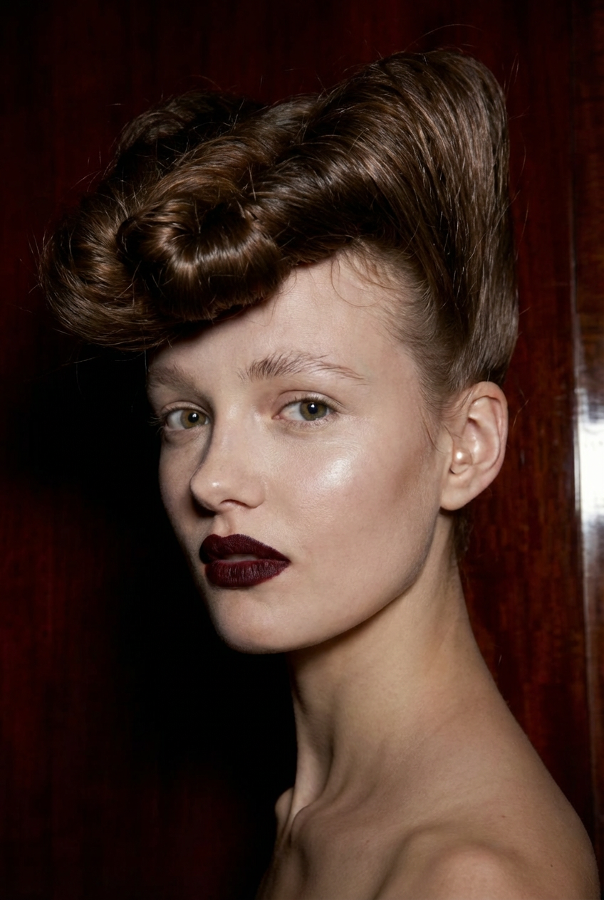 Runway portrait of sculpted brunette avant-garde quiff with rolled height generated by blondefilter.net