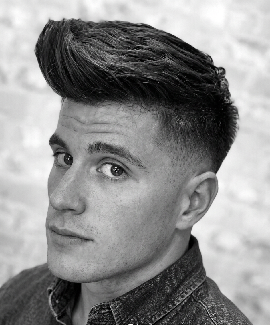 Black and white side profile of classic quiff on short fade haircut generated by blondefilter.net