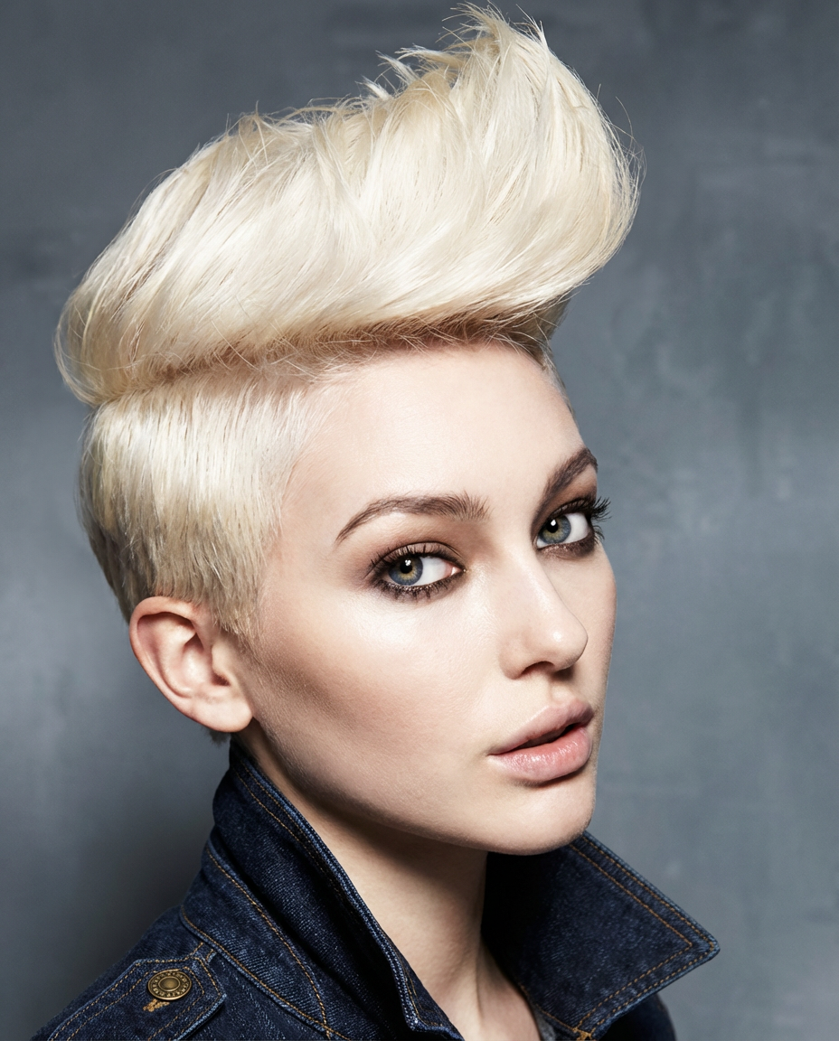 Studio close-up of platinum blonde quiff with tall swept volume and undercut sides generated by blondefilter.net