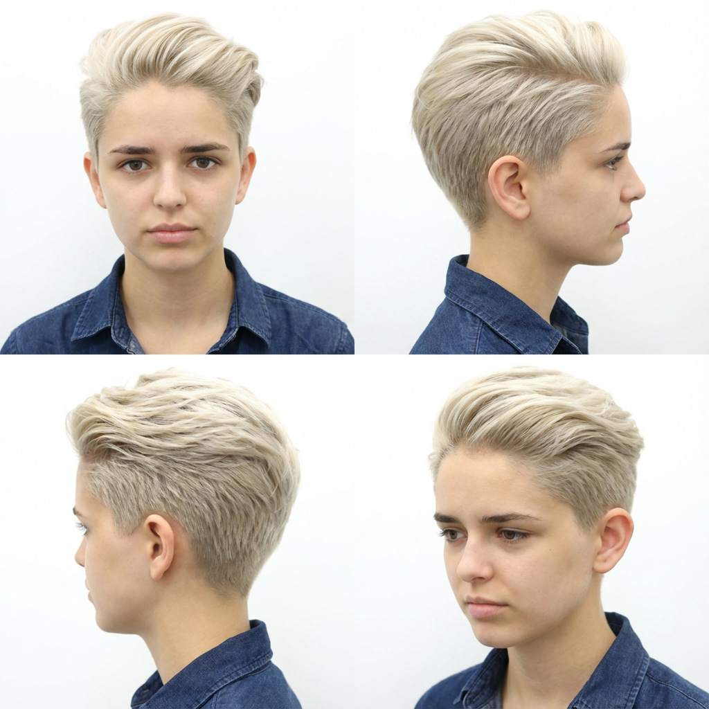 Front side and three-quarter views of a textured blonde quiff crop with tapered sides generated by blondefilter.net