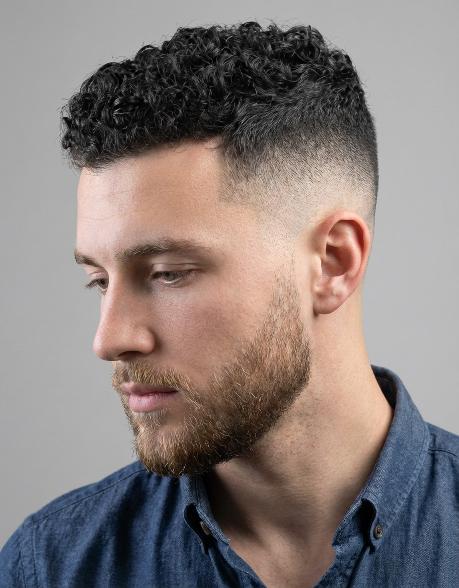 Studio close-up of man with tight skin fade and short curls on top wearing a trimmed beard, neutral gray backdrop, generated by blondefilter.net