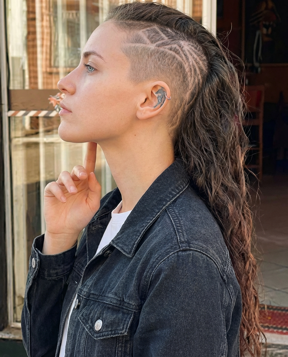 Side view of woman with patterned shaved undercut and long wavy hair pulled back, casual street background, generated by blondefilter.net