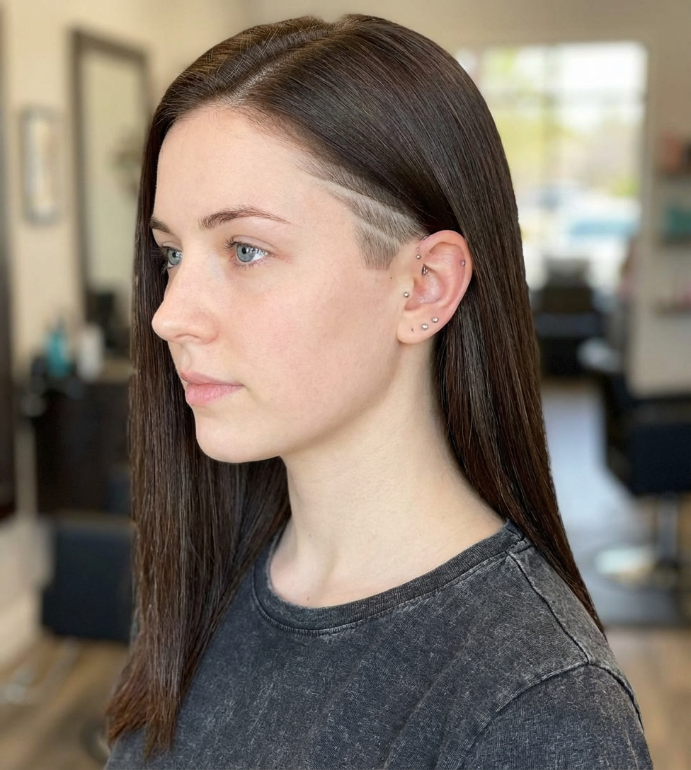 Side profile of woman with sleek straight hair revealing a clean shaved undercut above the ear in a salon setting, generated by blondefilter.net