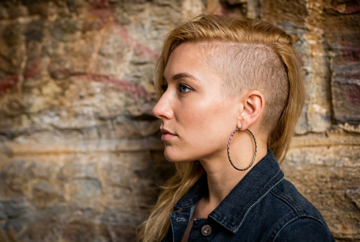 Outdoor side profile of woman with blonde sidecut undercut and longer hair swept back, wearing hoop earring, generated by blondefilter.net