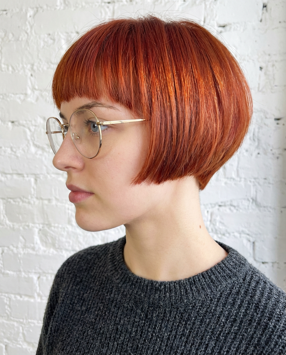 Side profile of woman with bright copper shingle bob and round glasses against a white brick wall generated by blondefilter.net