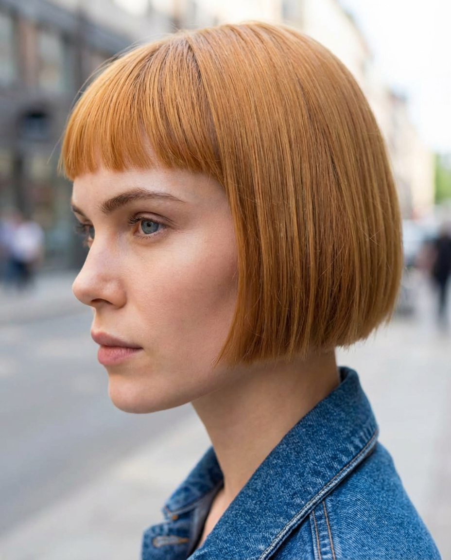 Side view of woman wearing a copper shingle bob with micro fringe on a city street generated by blondefilter.net