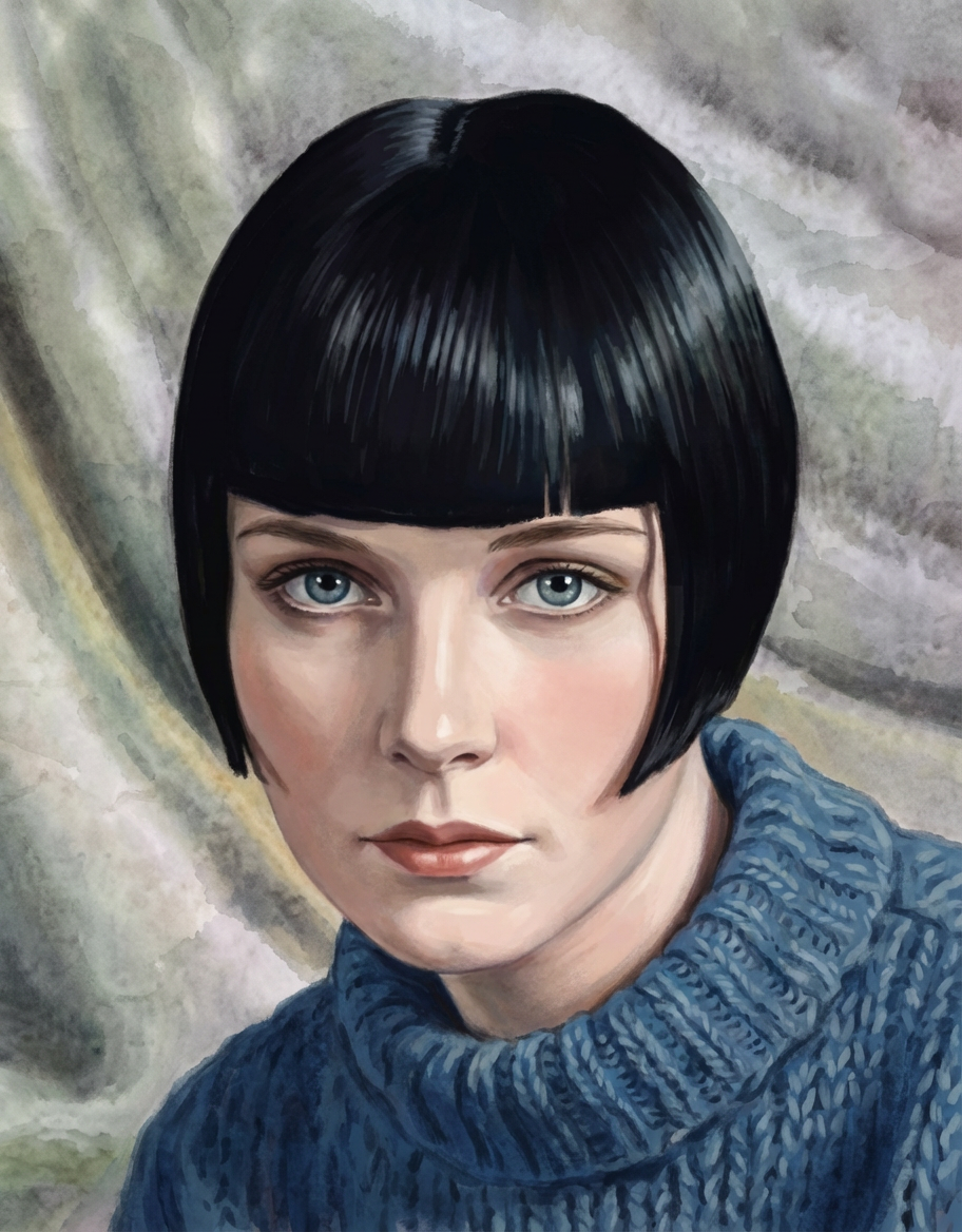 Portrait illustration of woman with inky black shingle bob and blunt fringe in a blue sweater generated by blondefilter.net