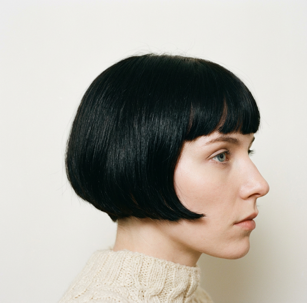 Side profile of woman with sleek black shingle bob and blunt micro fringe in soft indoor light generated by blondefilter.net