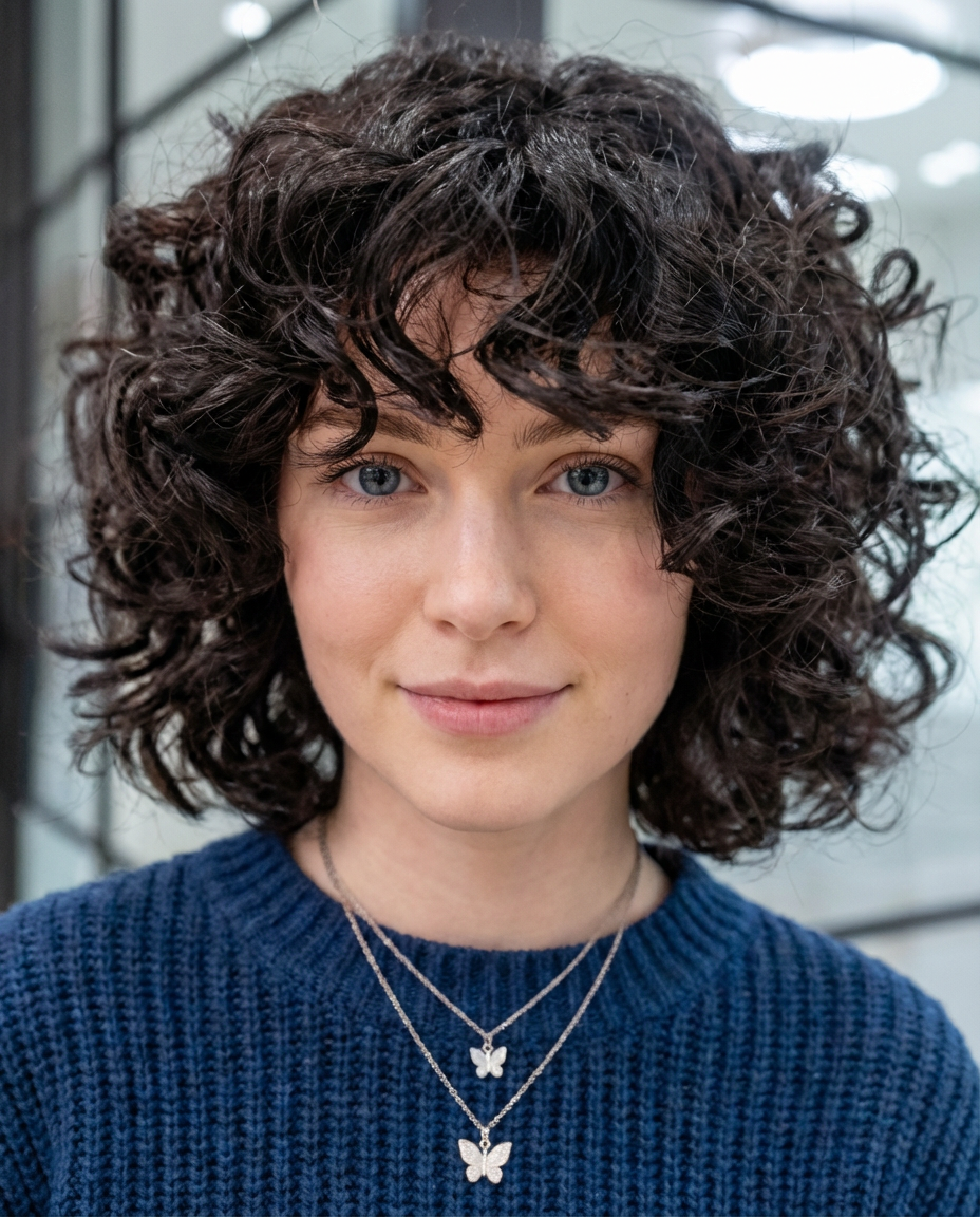 Studio portrait of woman with dark short curly shag and fringe under soft indoor light generated by blondefilter.net