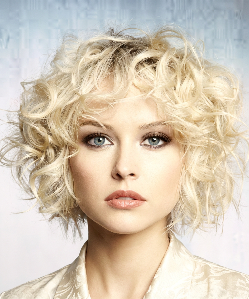 Close-up of blonde short curly bob with tousled texture and airy bangs generated by blondefilter.net