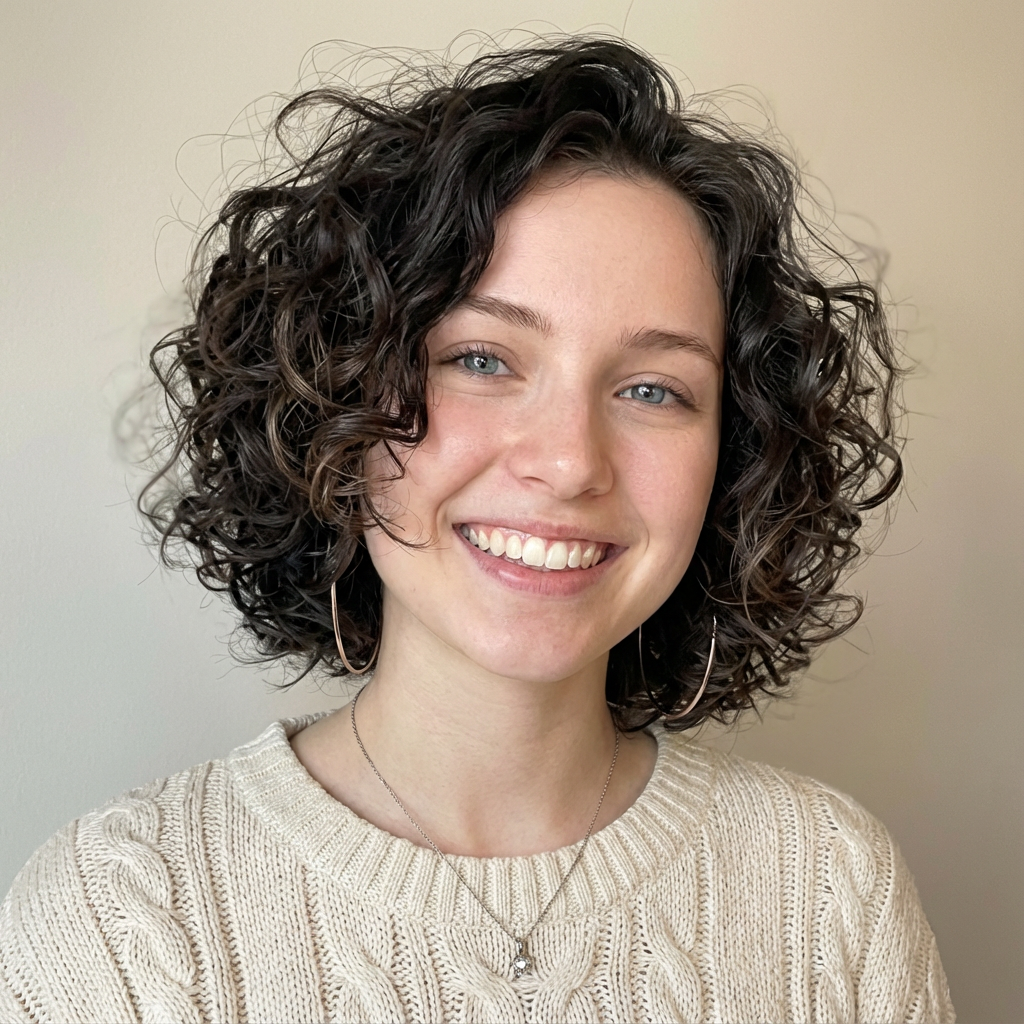 Natural brunette short curly bob with loose ringlets and side part in daylight generated by blondefilter.net