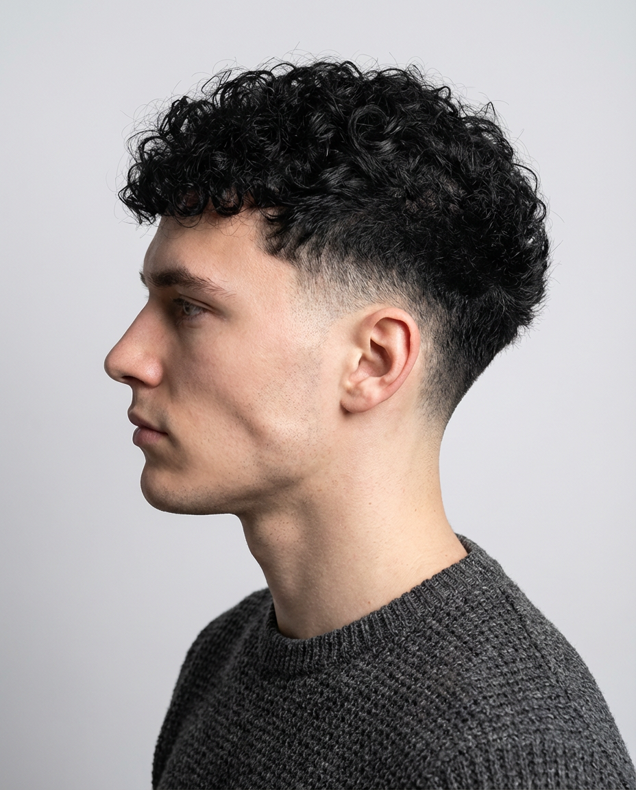 Side profile of man with tapered fade and defined short curls generated by blondefilter.net