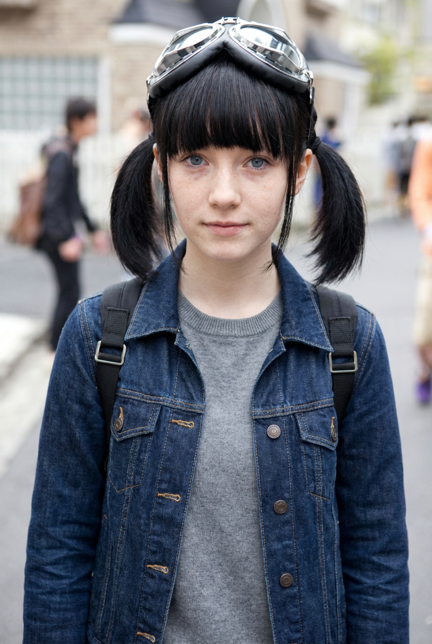 Front portrait of woman with straight short twintails and bangs under silver goggles on a city street generated by blondefilter.net