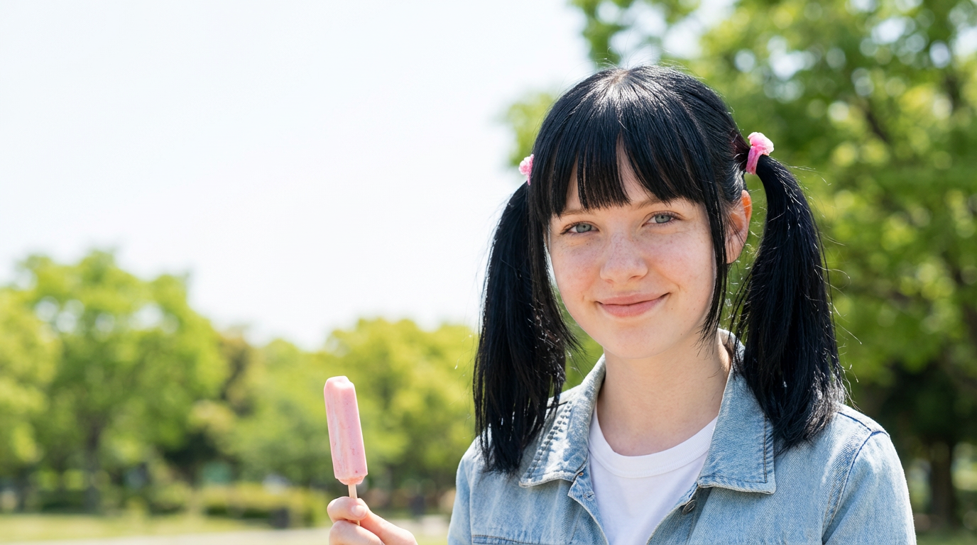 Smiling woman wearing straight black short twintails with pink bands outdoors on a sunny day generated by blondefilter.net