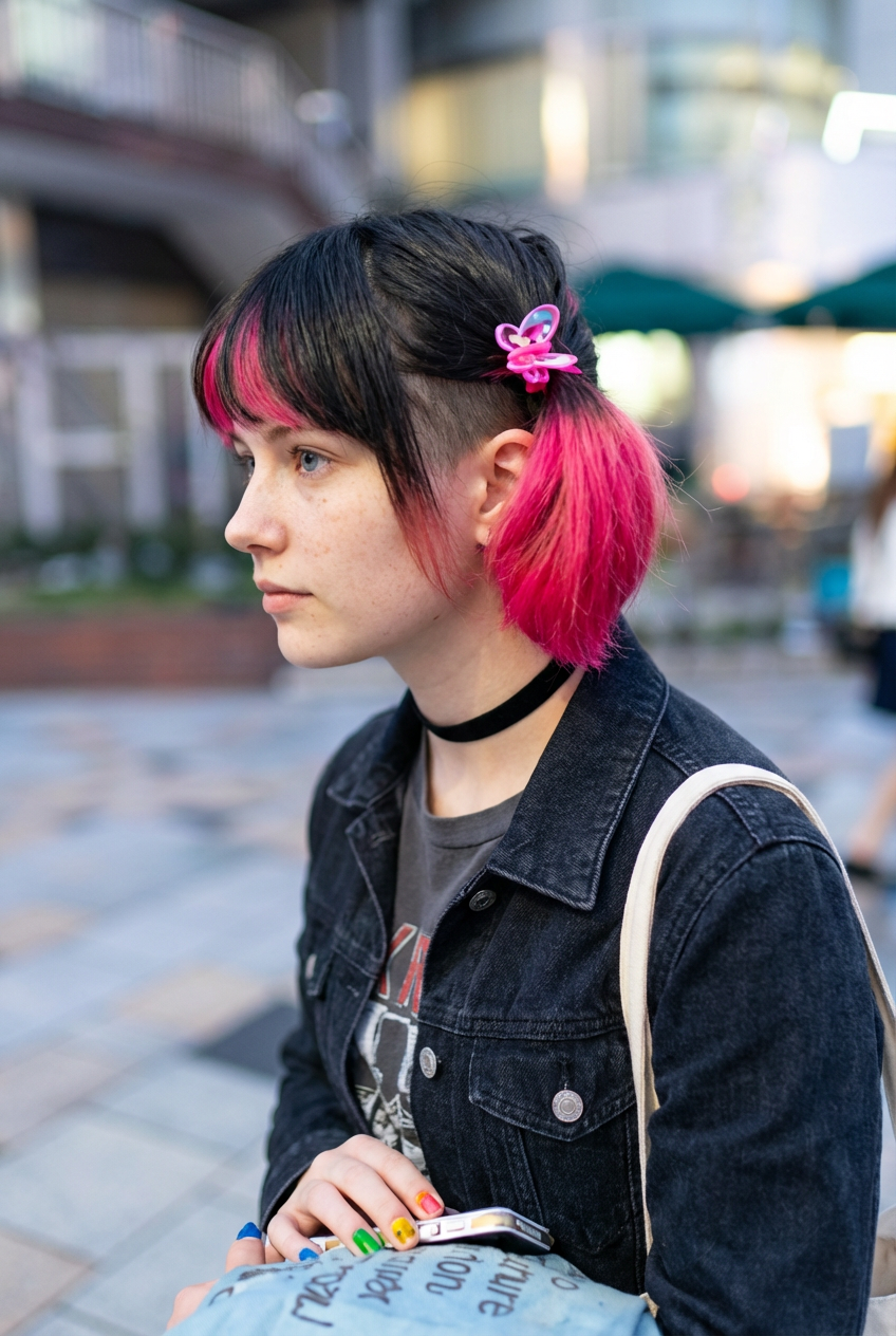 Side profile of woman with black and magenta short twintails secured with a butterfly clip in an urban evening scene generated by blondefilter.net
